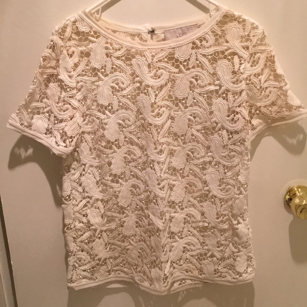 LOFT lace short sleeve top, off-white